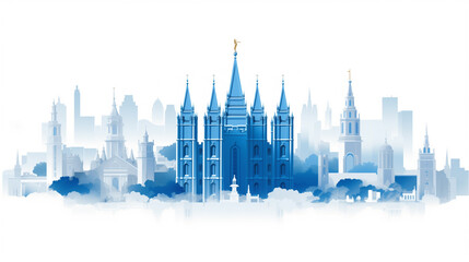 LDS Mormon temple design in blue tones. Flat graphic of The Church of Jesus Christ of Latter-day Saints