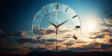 Time concept with clock against blue sky with clouds 3d rendering.