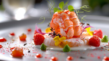 Creative shrimp dish entree on a white plate.