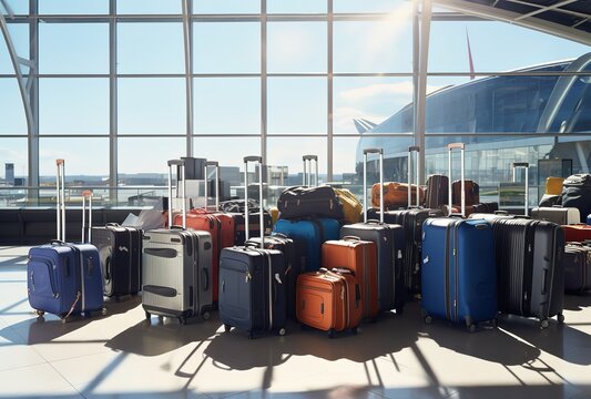 A collection of suitcases of various colors in the photo at the airport. generative ai