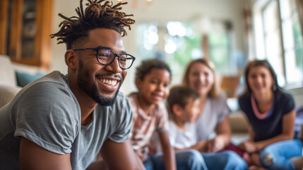 Obraz premium People talking at a gathering in spacious living room.