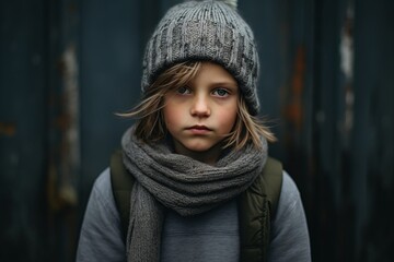 Portrait of a little girl in a gray hat and scarf.