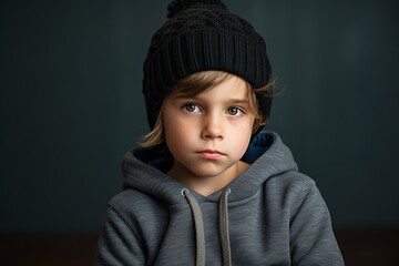 Portrait of a little boy in a black hat and a gray sweater.