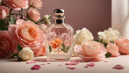 Obraz na płótnie Canvas a transparent perfume bottle and an elegant composition with spring flowers on a pink background. front view. a copy space. aroma presentation