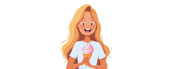 Happy young girl with strawberry ice cream in a cone, enjoying a sweet treat