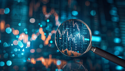 A detailed examination of market data and financial trends through a magnifying glass, representing the precision and analytical capability that AI Generative technology embodies.