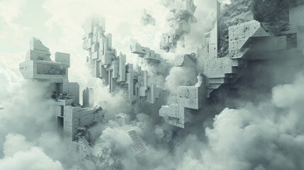 abstract floating landscapes and buildings with fogs