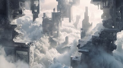 abstract floating landscapes and buildings with fogs