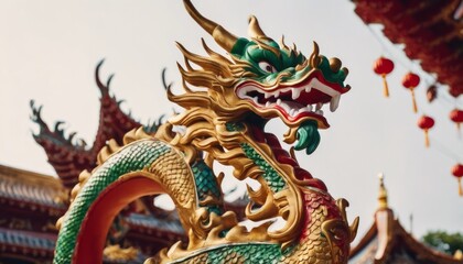 Fototapeta na wymiar Year of the dragon. Colorful dragon statue prominently featured in a temple setting.