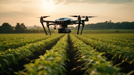 Agronomist drone flying over large field with sprouting crops and examining them