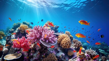 Tropical underwater sea life at bright and colorful Coral reef landscape ai generated
