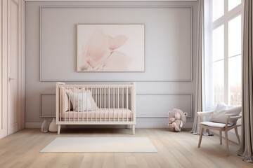 a baby’s nursery room with a white crib, a white chair, a teddy bear, and a pink flower painting on the wall. The room has a large window with natural light coming in and a wooden floor.