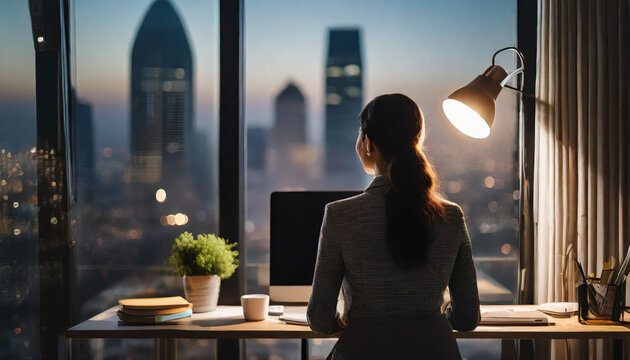 Silhouette of focused young businesswoman working late in a home office, capturing determination and dedication with a touch of professional grace