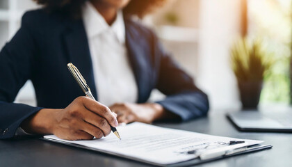 black woman signing insurance agreement during a meeting with agent, symbolizing trust, security, and financial empowerment