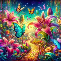 Enchanted Butterfly Garden Pathway. A vibrant pathway through a magical garden with fluttering butterflies and glowing flowers.