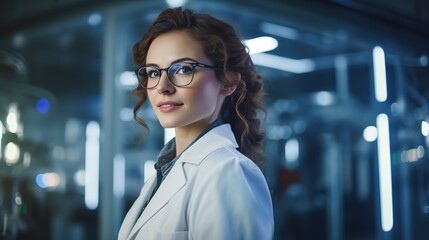 Young confident woman in lab coat standing blurred labratory background ai generated image