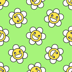 Fototapeta premium Laughing hippie chamomiles vector seamless pattern. Best for textile, wallpapers, home decoration, wrapping paper, package and web design.