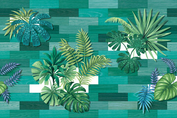 Seamless pattern leaf graphics variety of types on green tone wooden surface with tropical leaves used for decorative design.