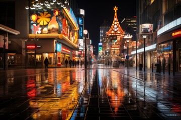Fototapeta premium Busy intersection with neon signs showcasing the city's diverse dining options, Generative AI