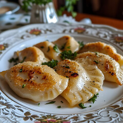 Prompt Polish pierogi, dumplings filled with cheese, simple plating, homestyle, daylight.--v6.0...