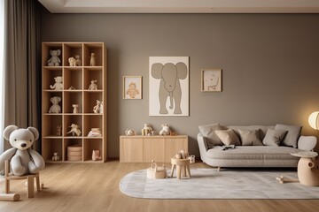 A modern living room with a beige color scheme. The room is decorated with various stuffed animals and toys, including a large teddy bear and an elephant poster.