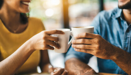 Couple with coffee, hands intertwined, sharing warmth and connection in the comfort of home