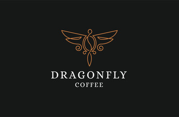 Dragonfly coffee logo. Dragonfly with coffee bean shape design template flat illustration