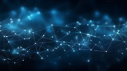 Abstract geometric network on dark blue background, illustrating the concept of network line connections and data connections. Blue lines connected with dots illustrate the network structure.