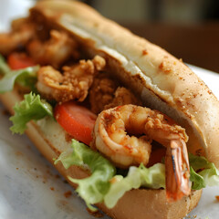 Prompt Po' boy sandwich, crispy shrimp, on a hoagie roll, casual, natural light.--v6.0 Generative AI