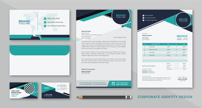 Corporate business stationery template design set with business cards, letterhead, invoice and envelope brand identity package