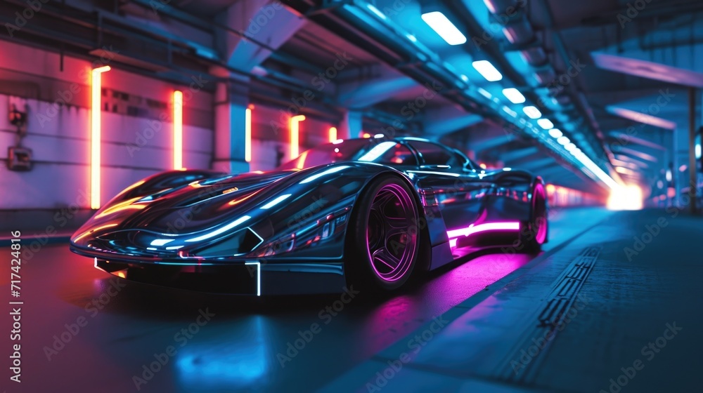 Aufkleber a chromeplated concept car with vibrant neon light strips running along its sharp edges emanating a 