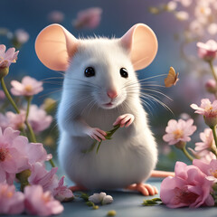 charming childrens fairy tale little mouse with flowers