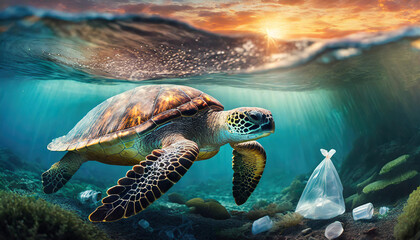 plastic pollution on sea turtles and ocean animal life. Environmental crisis