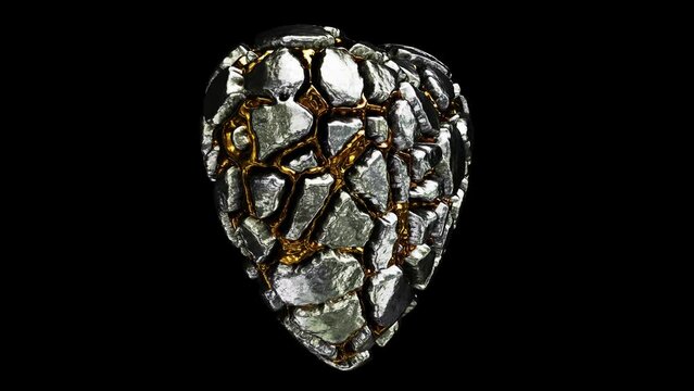 Realistic looping 3D animation of the spinning silver metal heart with precious pure gold inclusions rendered in UHD with alpha matte