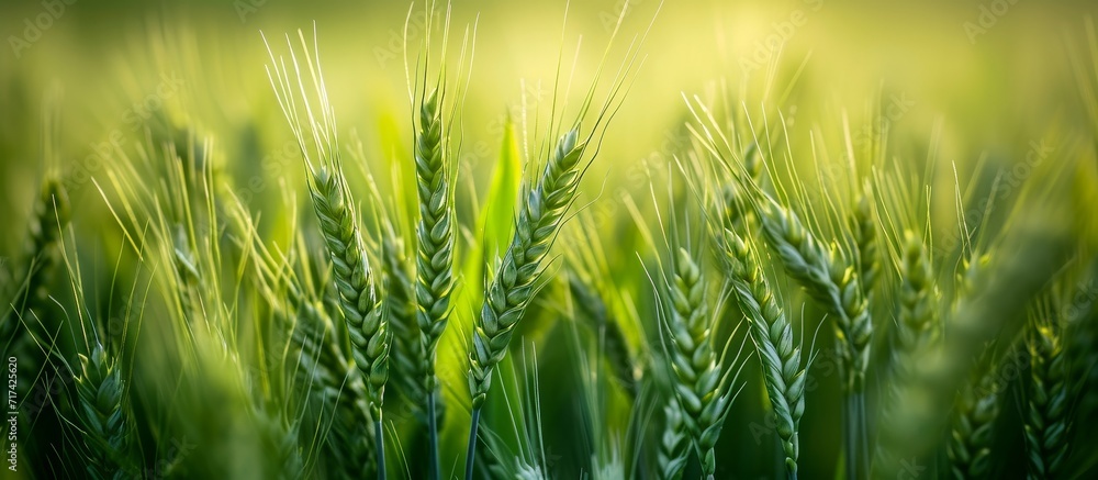 Poster close-up view of green wheat with shallow depth of field.