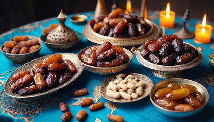 Ramadan-iftars-marks-the-end-of-fasting--Table-with-dates--Oriental-food-and-sweets--Eid-mubarak--Traditional-Middle-Eastern-cuisine--evening-meal