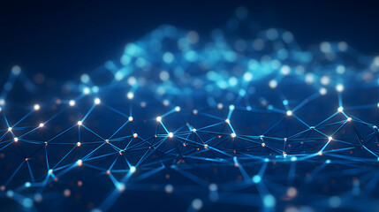 Obraz premium Abstract geometric network on dark blue background, illustrating the concept of network line connections and data connections. Blue lines connected with dots illustrate the network structure.
