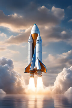Space rocket flying toward the clouds believable rocket icon Having a successful company concept