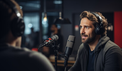 Portrait of a man recording podcast in the studio. A handsome smiling guy wearing headphones and talking to microphone, looking at the guest