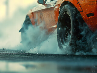 Drifting car. Racing car wheel drifting and smoking on the race track, Abstract texture and background black tire tracks skid on asphalt road. Tire skid marks
