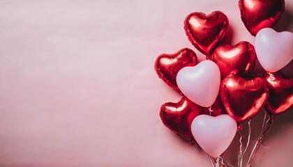 Valentine's Day background featuring red and pink heart-shaped balloons against a soft pink backdrop, conveying love, romance, and celebration