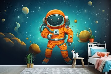Naklejka premium Astronaut mural in a child’s bedroom. Digital illustration of an orange suit astronaut floating in space with planets and stars. Room has bed, nightstand, and plant.