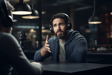 Fototapeta premium Radio host man record podcast use microphone wear headphones with guest artist