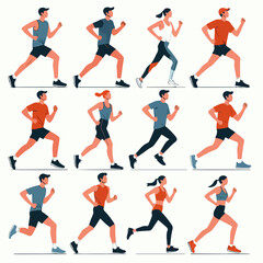 Illustration set of cartoon characters of young people running. simple and minimalist