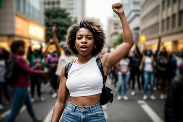 an African American protester in a protest with a group of protesters in a street calling for social justice