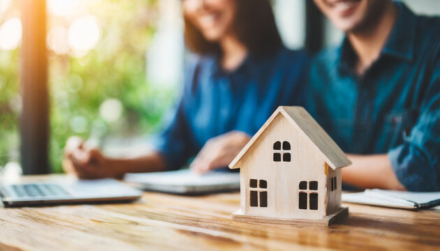 Wooden house model, symbolizing dreams, depicts a happy couple realizing home ownership aspirations, embodying affordability and family joy