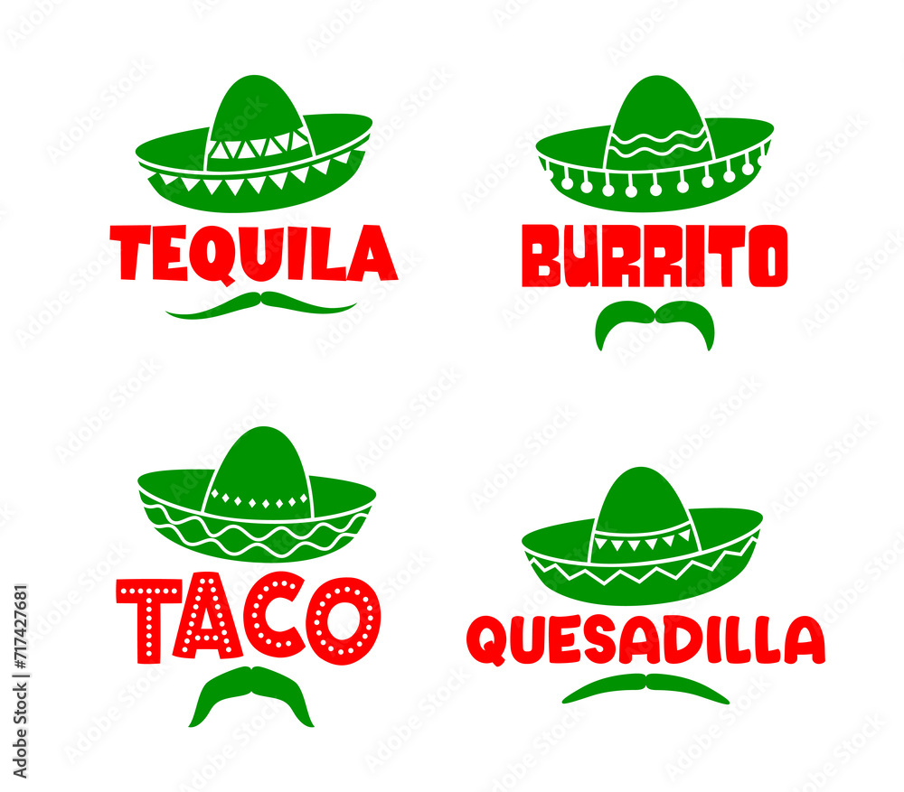 Canvas Prints mexican sombrero hats and moustaches with tequila, burrito, taco and quesadilla, tex mex food vector