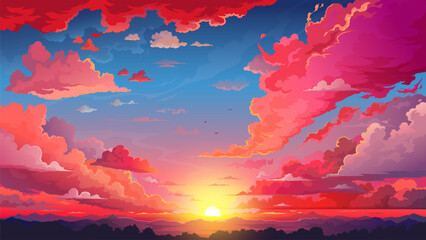 Red sky sunset anime background with fluffy clouds and sun. Cartoon vector beautiful nature landscape, vivid bright cloudscape with shining rays over the mountain peaks and tree crowns, evening view - obrazy, fototapety, plakaty