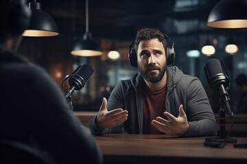 Fototapeta na wymiar Man with a microphone during a podcast, deep talking in a radio show,