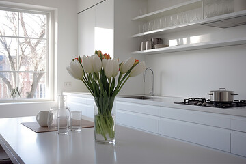 White Modern Kitchen Decorated for Spring. Minimalist Style